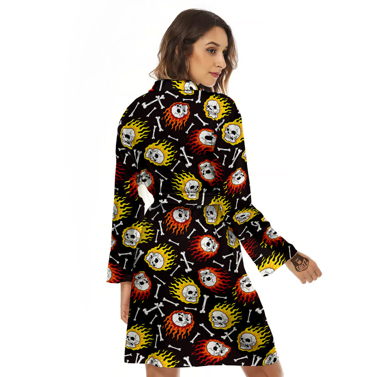 Flaming Skulls And Bone Print Pattern Women's Robe-grizzshop