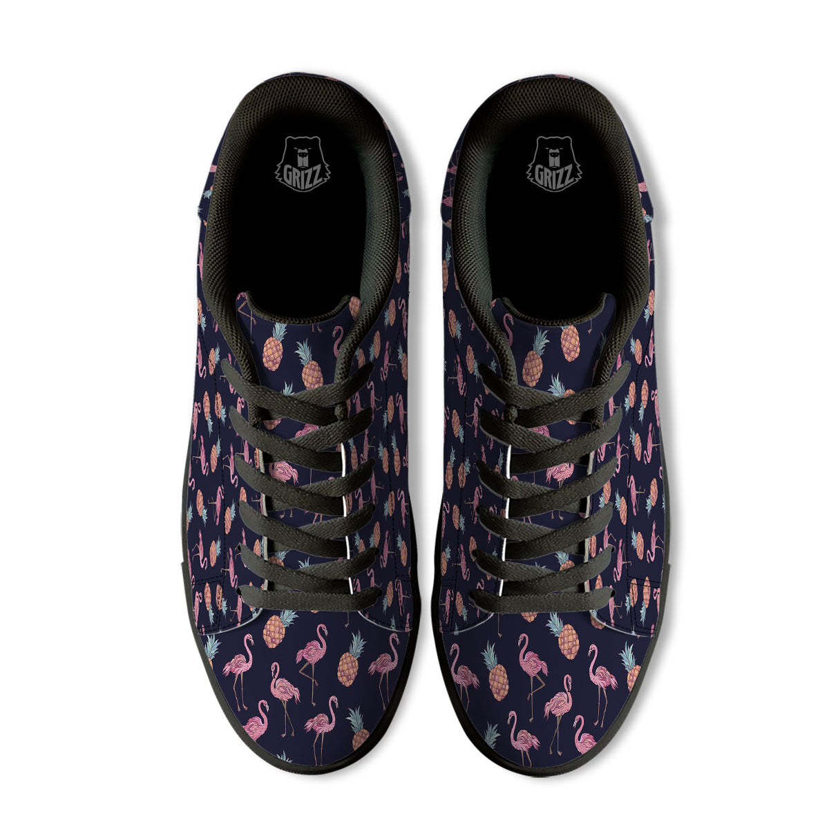 Flamingo And Pineapple Print Pattern Black Low Top Sneakers-grizzshop