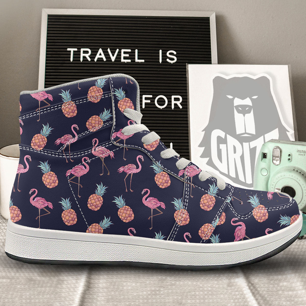Flamingo And Pineapple Print Pattern High Top Sneakers-grizzshop