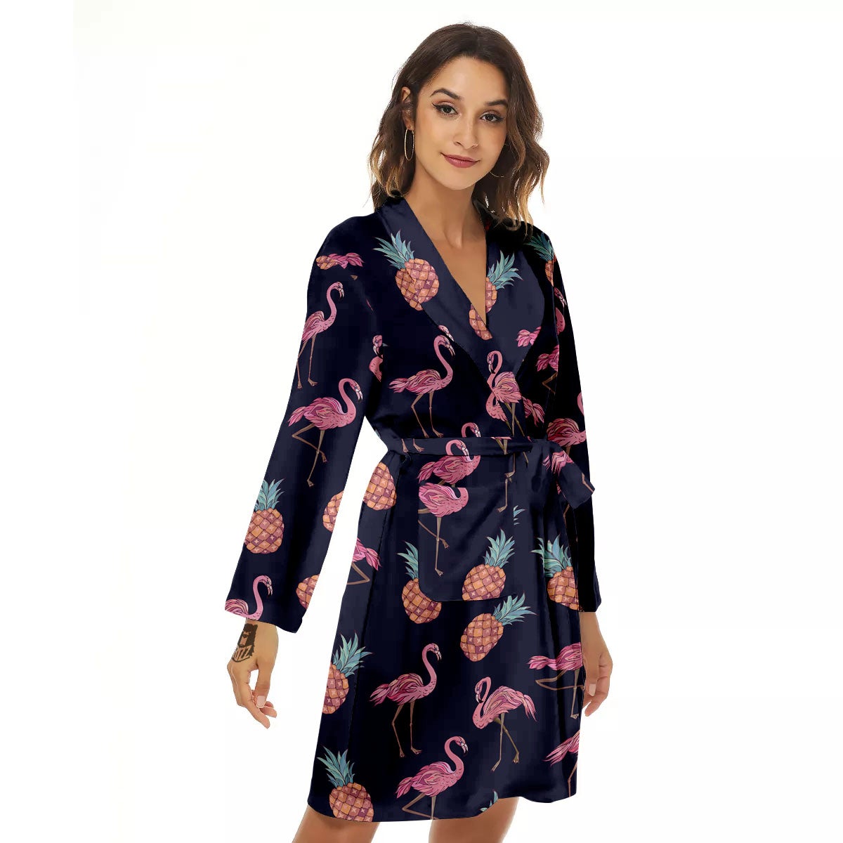 Flamingo And Pineapple Print Pattern Women's Robe-grizzshop