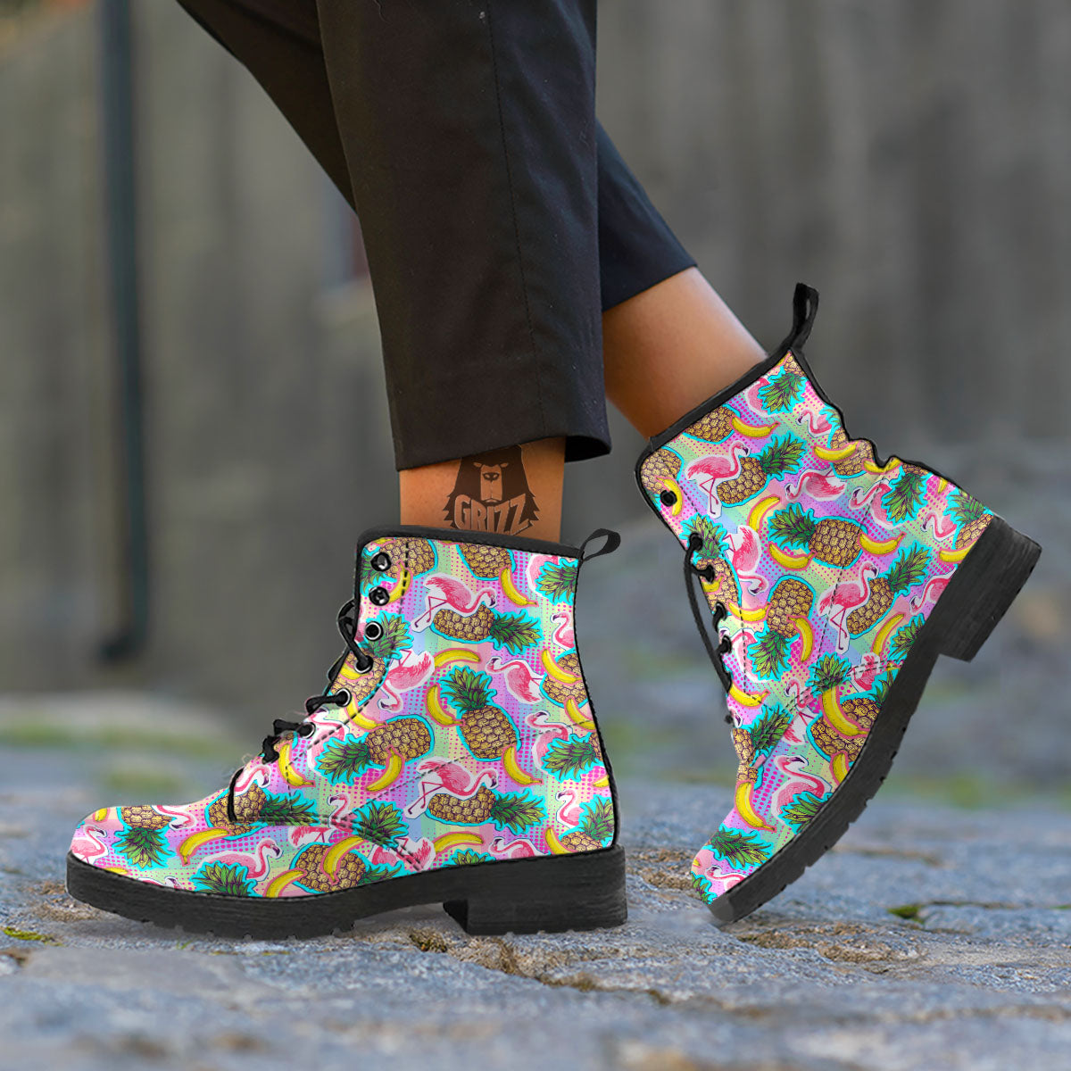 Flamingo And Pineapple Rainbow Print Pattern Leather Boots-grizzshop