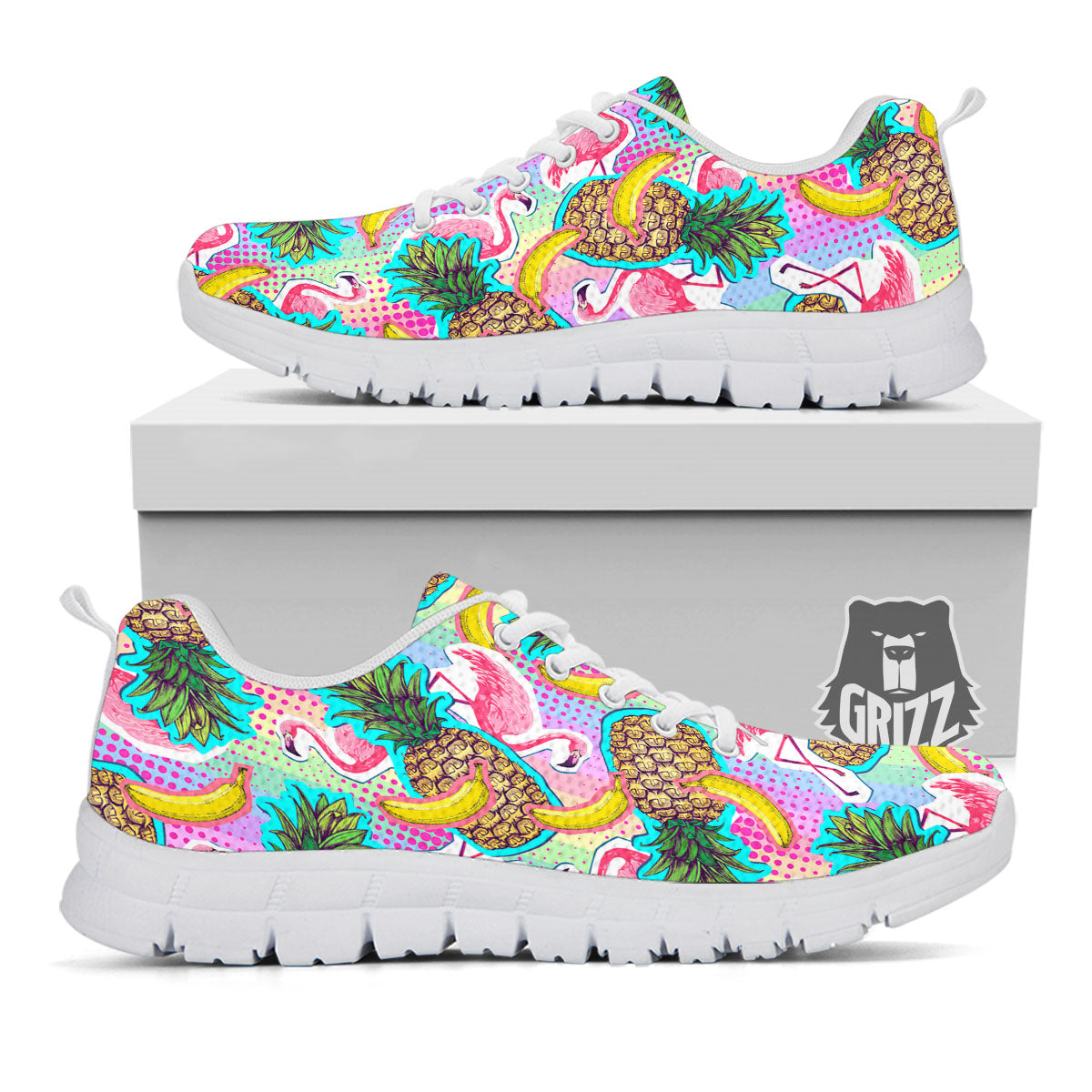 Flamingo And Pineapple Rainbow Print Pattern White Sneaker-grizzshop