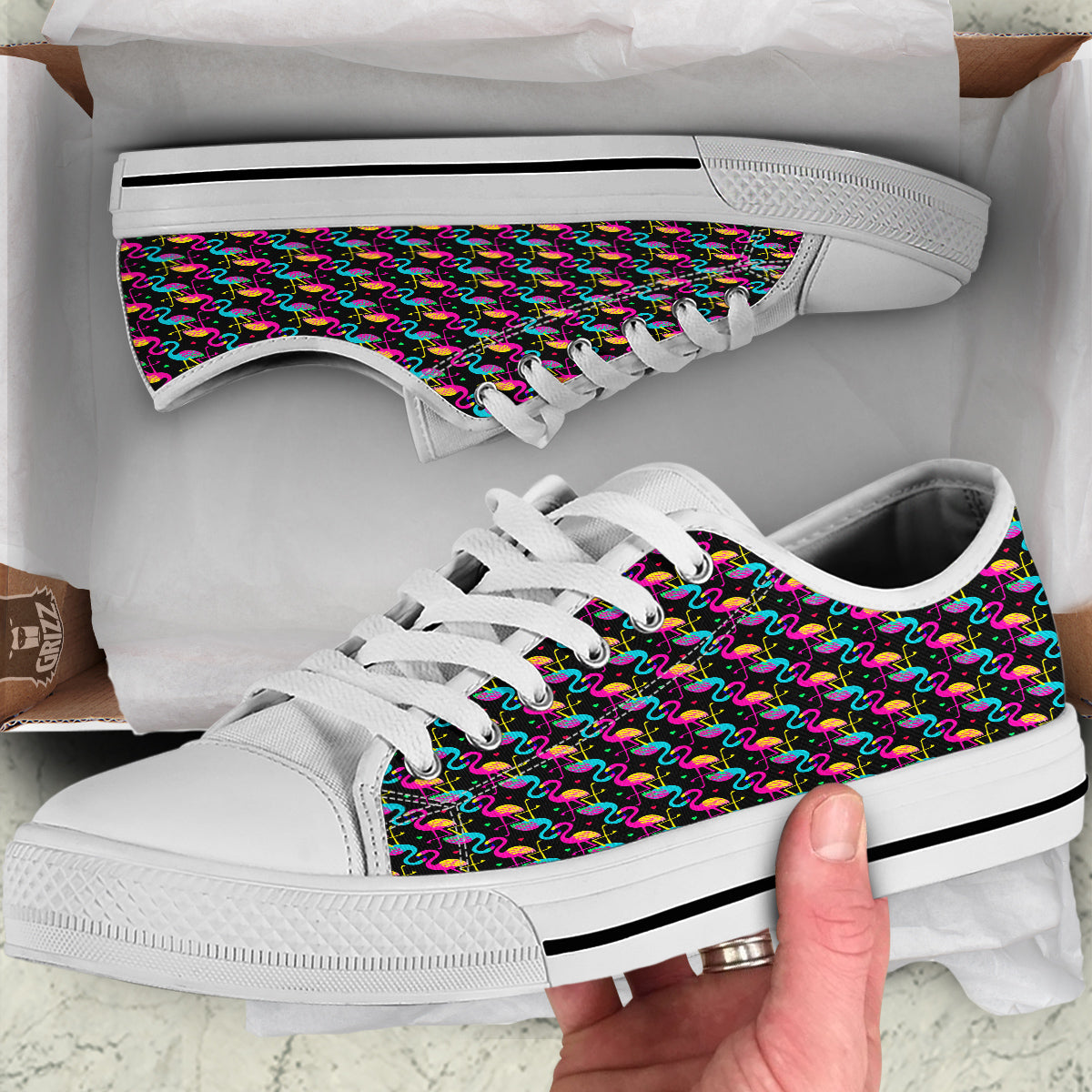 Flamingo Colorful Print Pattern White Low Top Shoes-grizzshop
