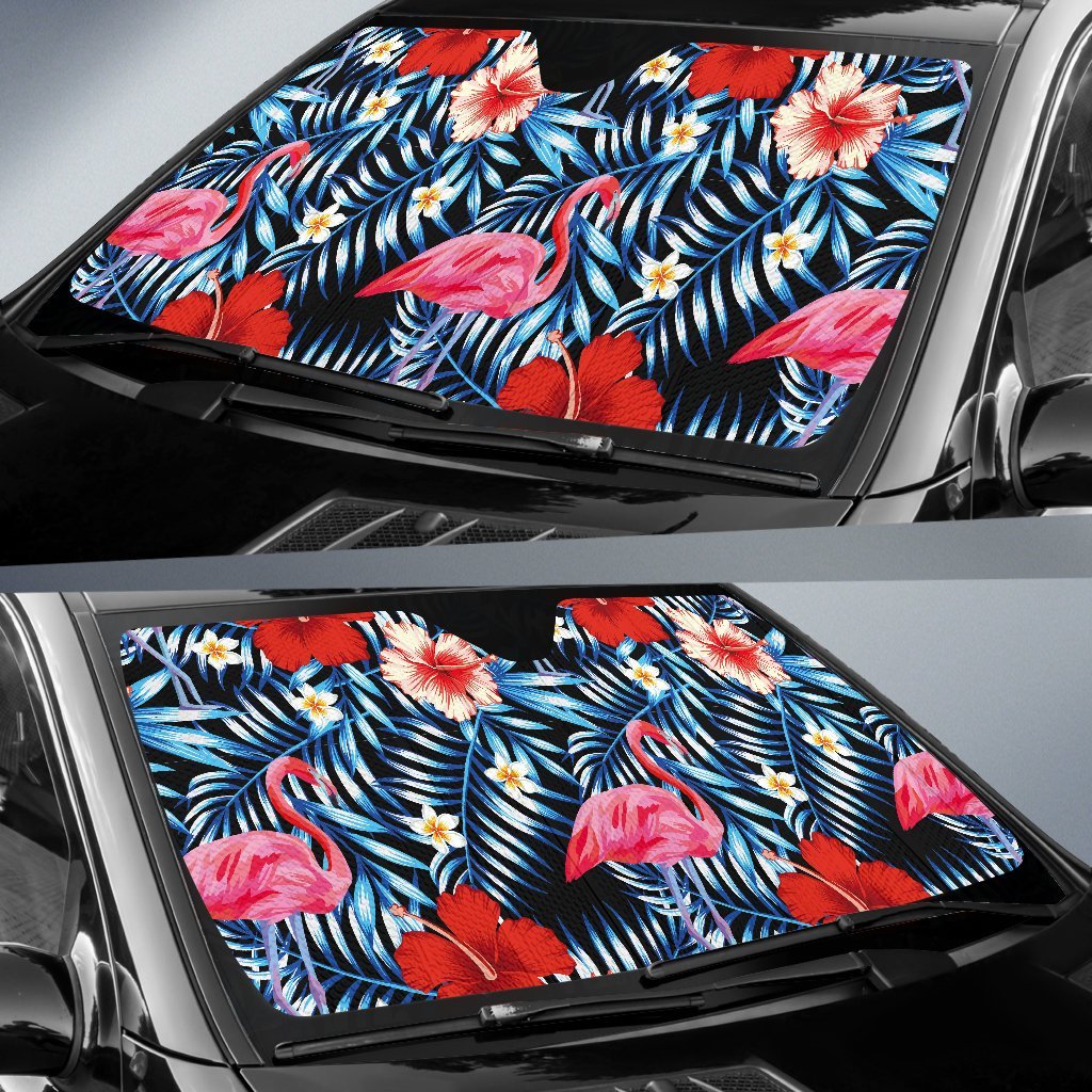 Flamingo Hawaiian Floral Tropical Flower Hibiscus Palm Leaves Pattern Print Car Sun Shade-grizzshop
