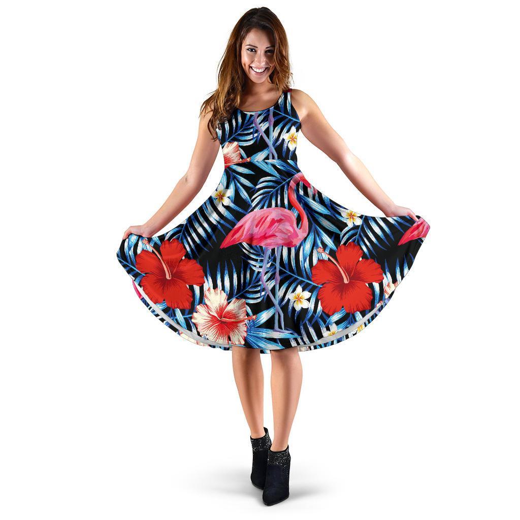 Flamingo Hawaiian Floral Tropical Flower Hibiscus Palm Leaves Pattern Print Dress-grizzshop
