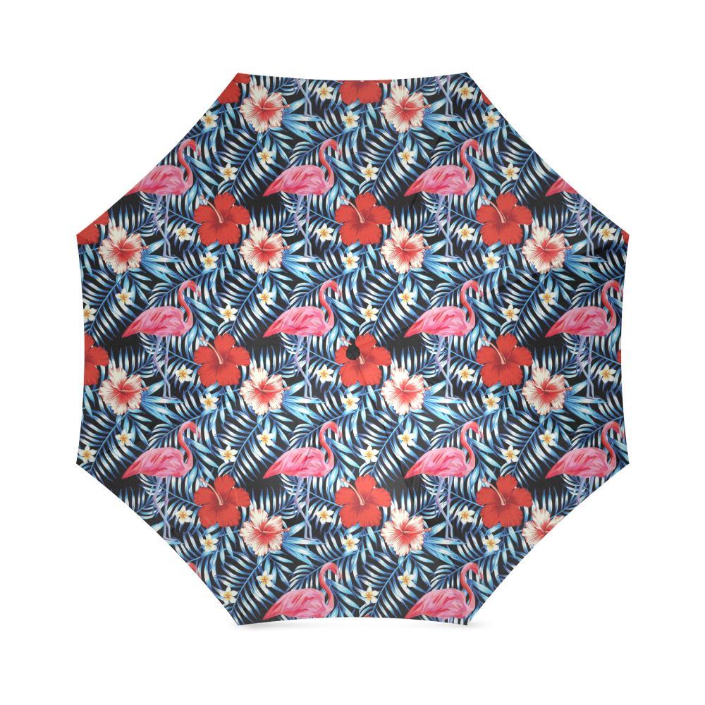 Flamingo Hawaiian Floral Tropical Flower Hibiscus Palm Leaves Pattern Print Foldable Umbrella-grizzshop