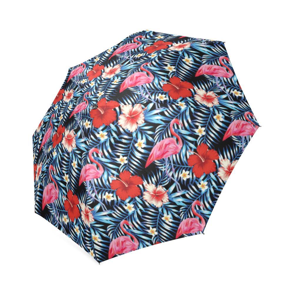 Flamingo Hawaiian Floral Tropical Flower Hibiscus Palm Leaves Pattern Print Foldable Umbrella-grizzshop
