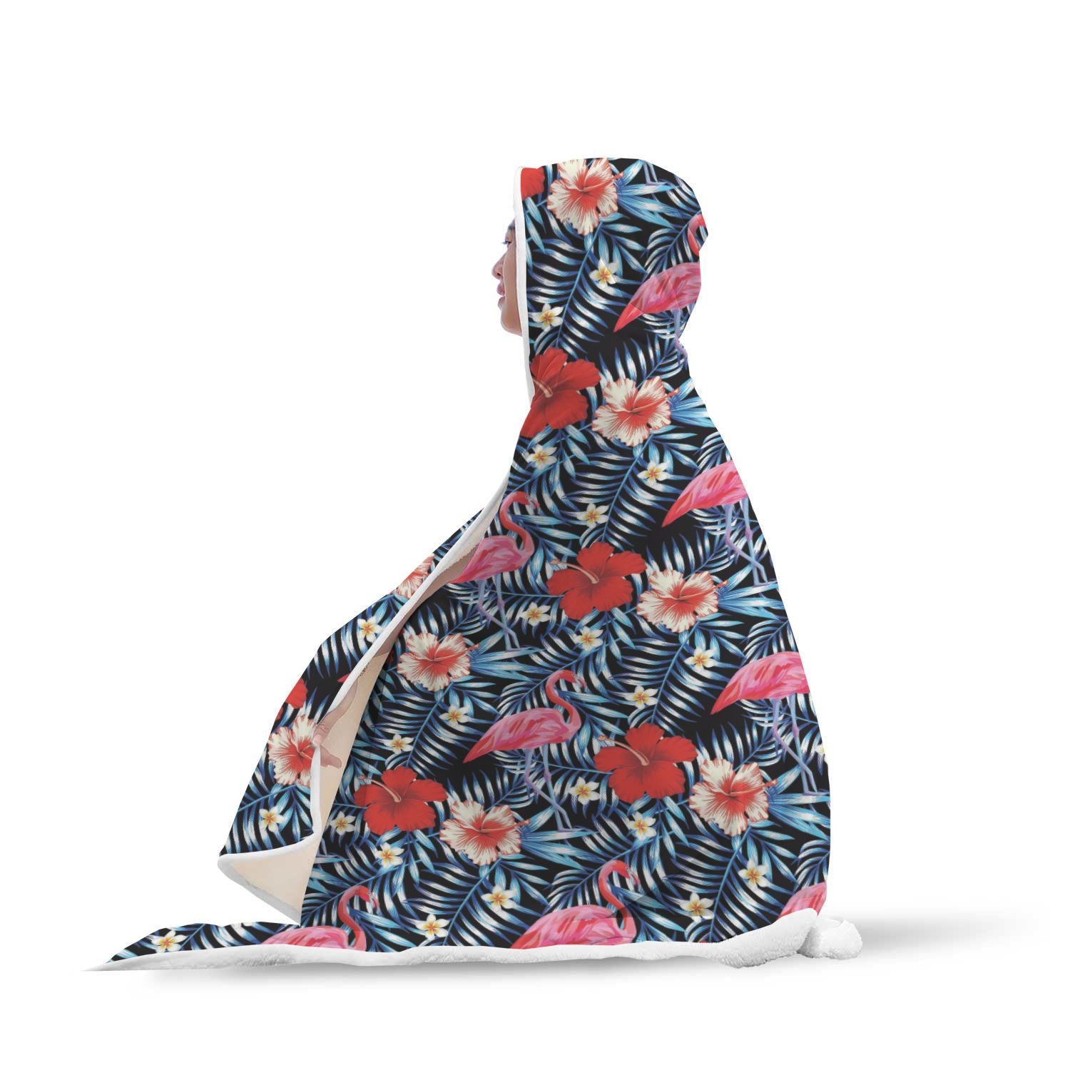 Flamingo Hawaiian Floral Tropical Flower Hibiscus Palm Leaves Pattern Print Hooded Blanket-grizzshop
