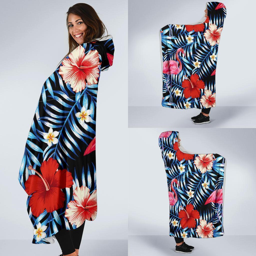 Flamingo Hawaiian Floral Tropical Flower Hibiscus Palm Leaves Pattern Print Hooded Blanket-grizzshop