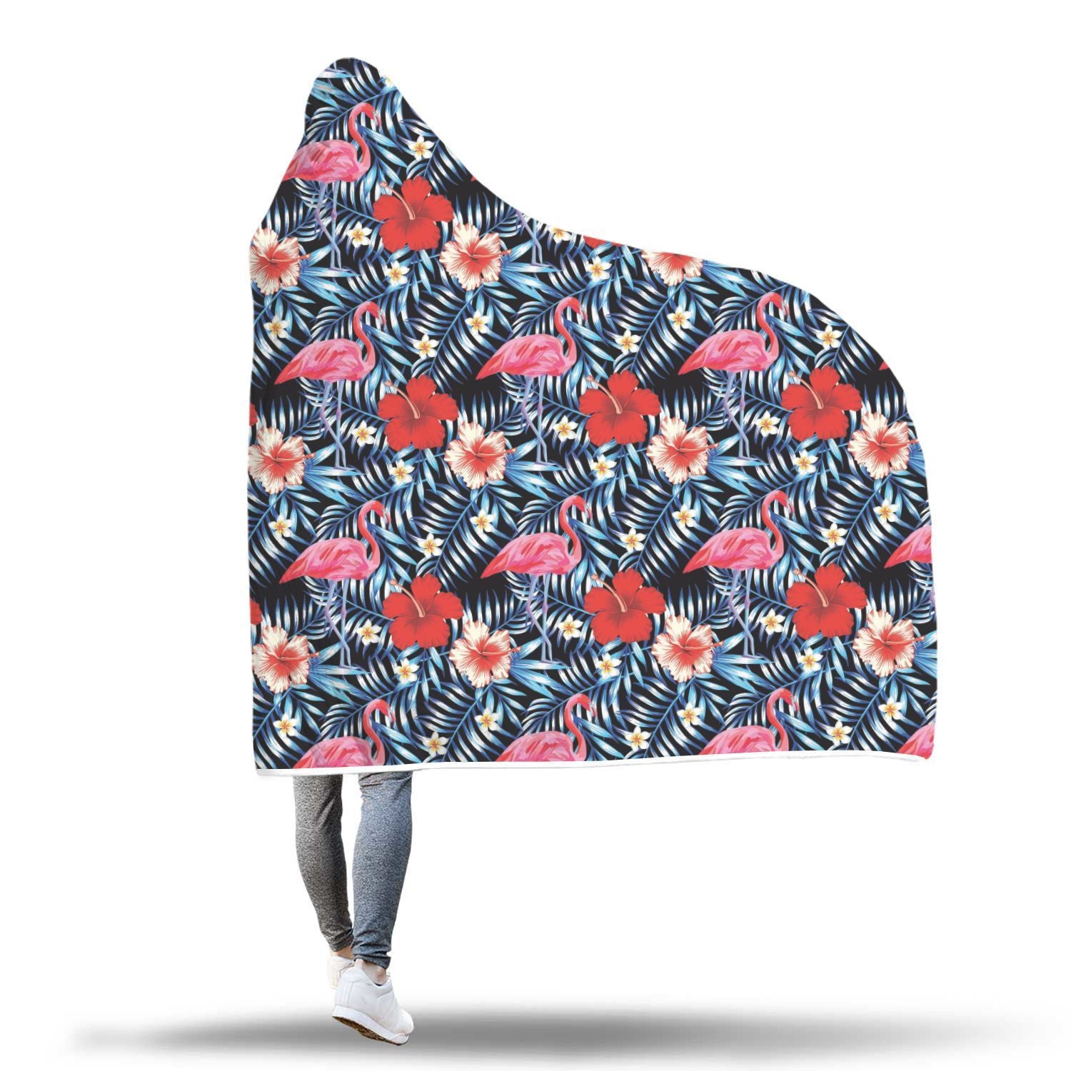 Flamingo Hawaiian Floral Tropical Flower Hibiscus Palm Leaves Pattern Print Hooded Blanket-grizzshop