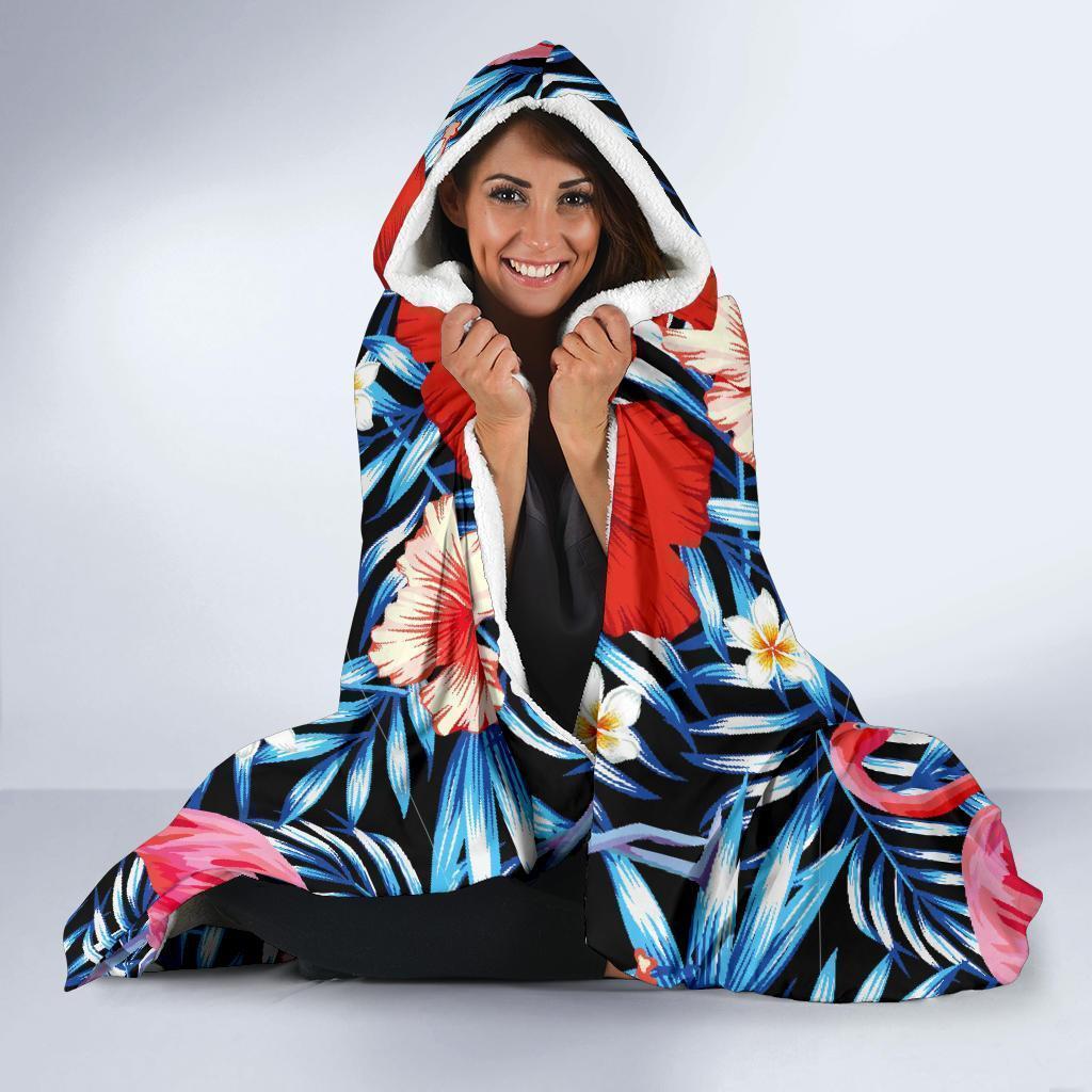 Flamingo Hawaiian Floral Tropical Flower Hibiscus Palm Leaves Pattern Print Hooded Blanket-grizzshop