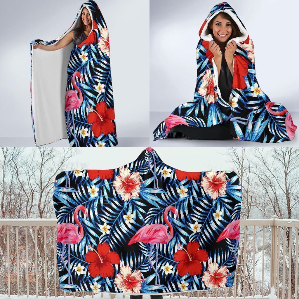 Flamingo Hawaiian Floral Tropical Flower Hibiscus Palm Leaves Pattern Print Hooded Blanket-grizzshop
