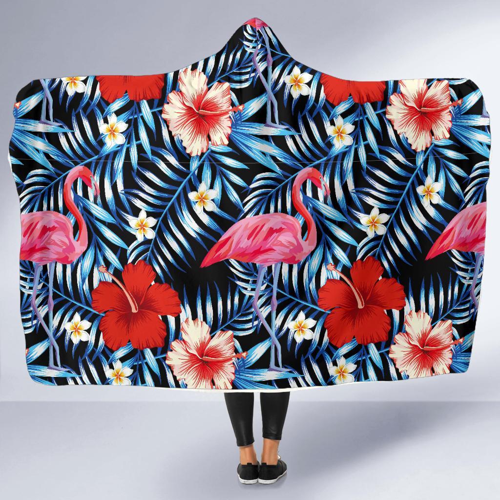 Flamingo Hawaiian Floral Tropical Flower Hibiscus Palm Leaves Pattern Print Hooded Blanket-grizzshop