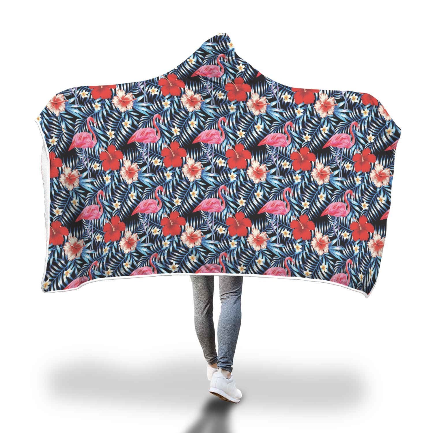 Flamingo Hawaiian Floral Tropical Flower Hibiscus Palm Leaves Pattern Print Hooded Blanket-grizzshop