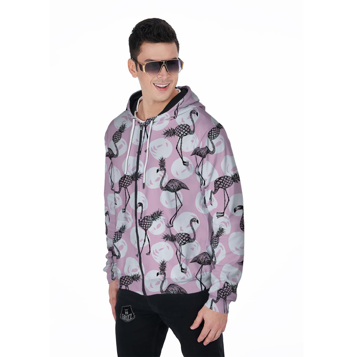 Flamingo Pineapple Print Men's Zip Up Hoodie-grizzshop