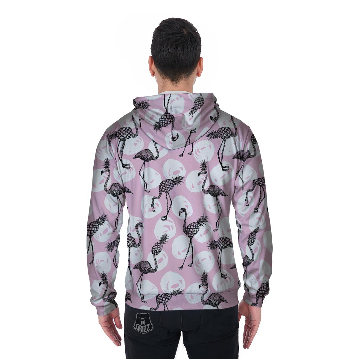 Flamingo Pineapple Print Men's Zip Up Hoodie-grizzshop