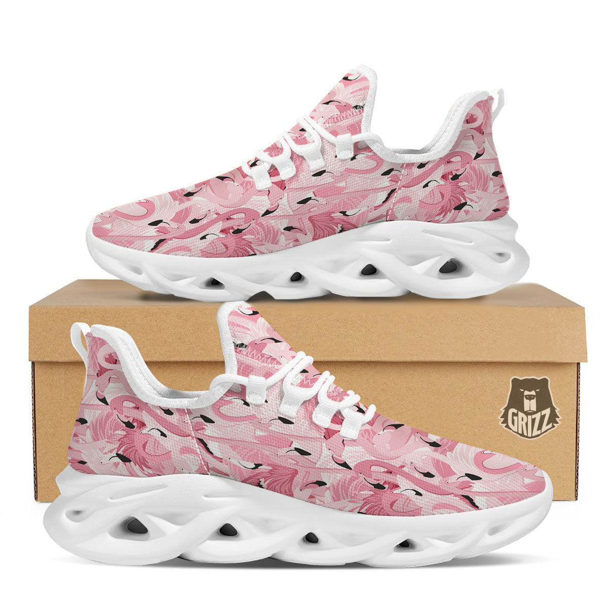 Flamingo Pink Print Pattern White Running Shoes-grizzshop