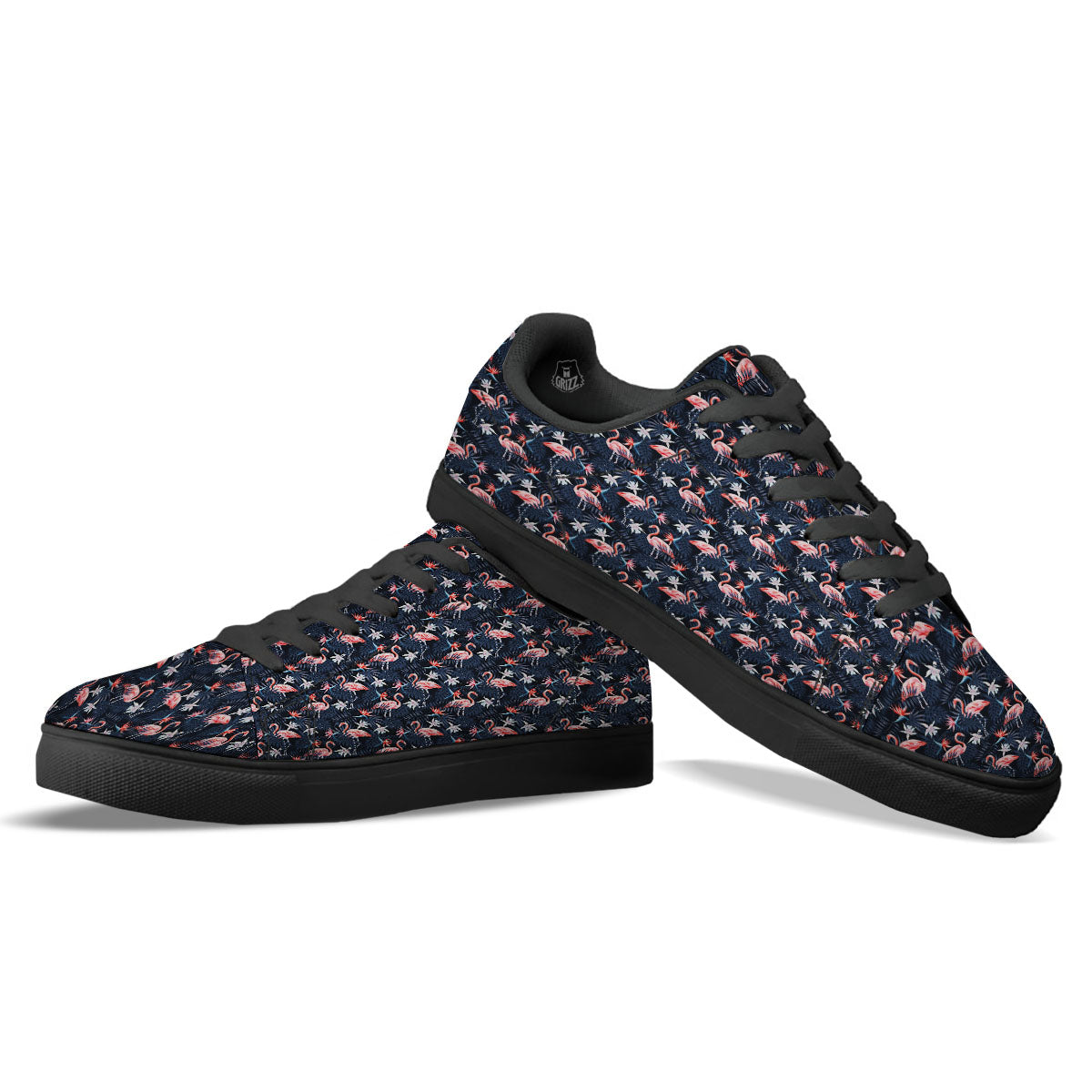 Flamingo Tropical Dark Print Pattern Black Low Top Sneakers-grizzshop