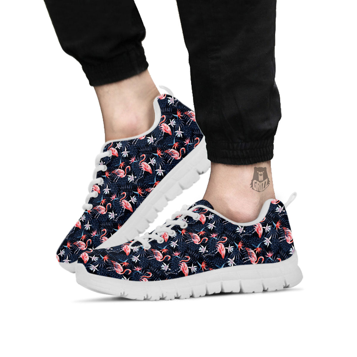 Flamingo Tropical Dark Print Pattern White Sneaker-grizzshop