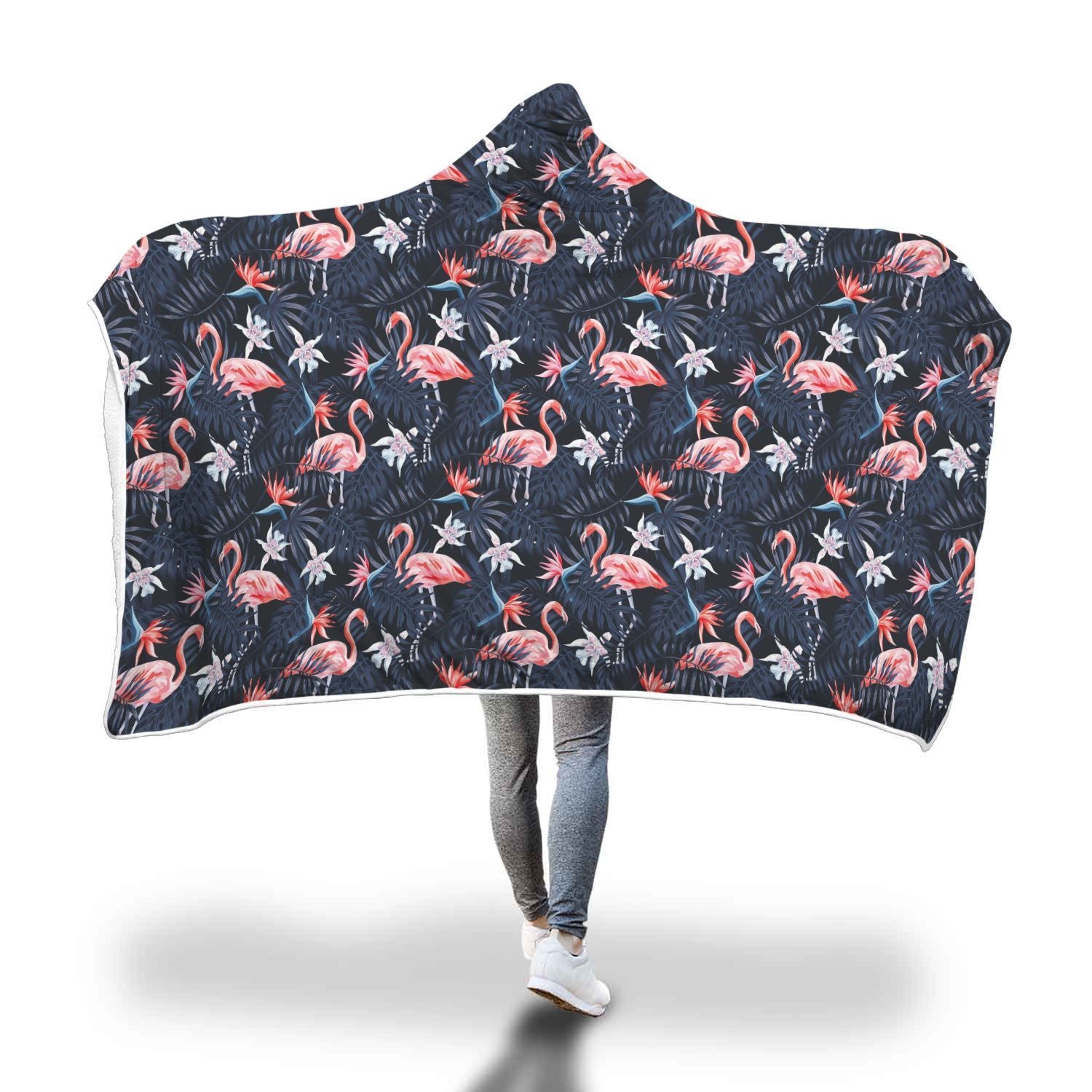Flamingo Tropical Palm Leaves Hawaiian Floral Pattern Print Hooded Blanket-grizzshop