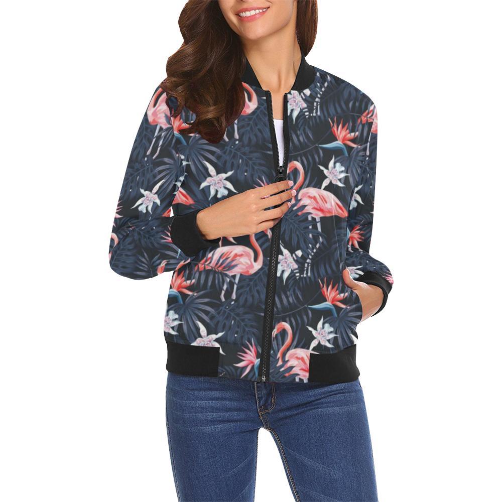 Flamingo Tropical Palm Leaves Hawaiian Floral Pattern Print Women Casual Bomber Jacket-grizzshop