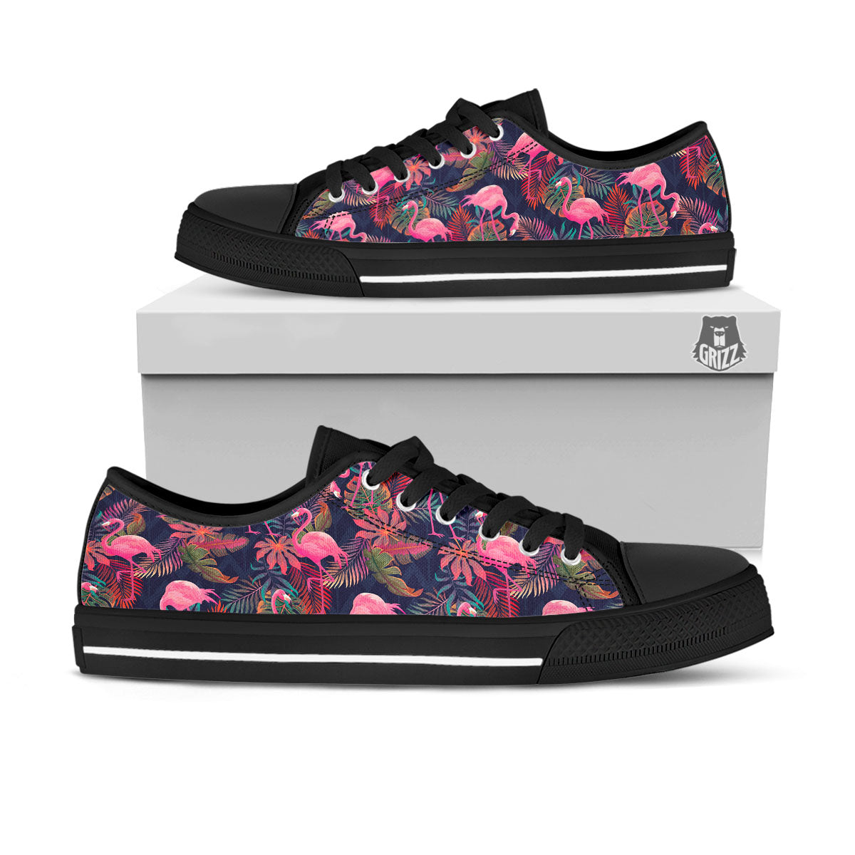 Flamingo Watercolor Print Pattern Black Low Top Shoes-grizzshop
