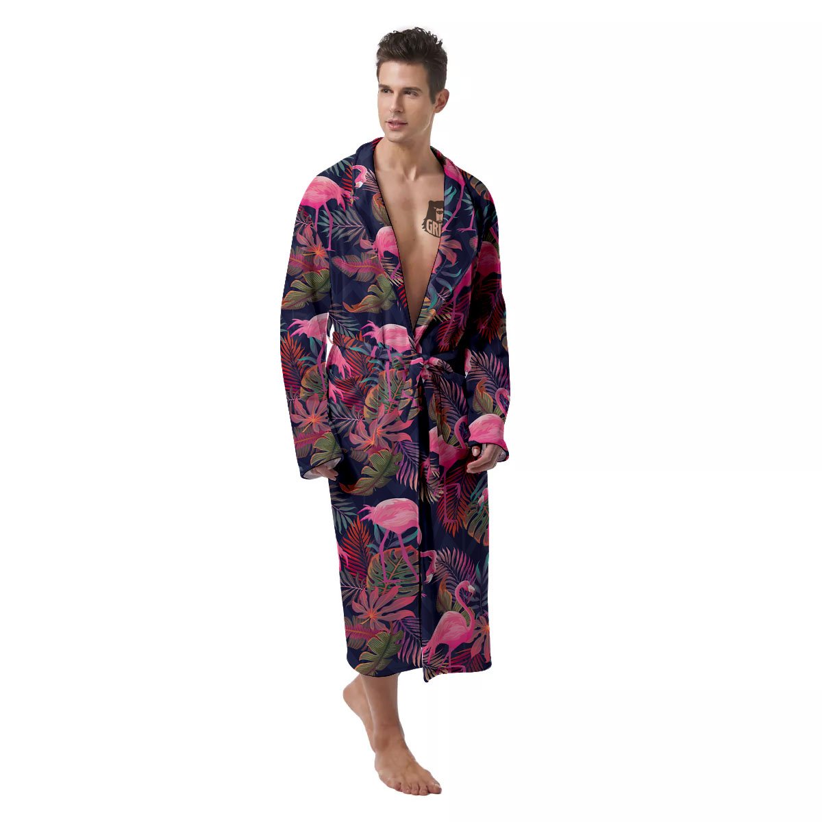 Flamingo Watercolor Print Pattern Men's Robe-grizzshop