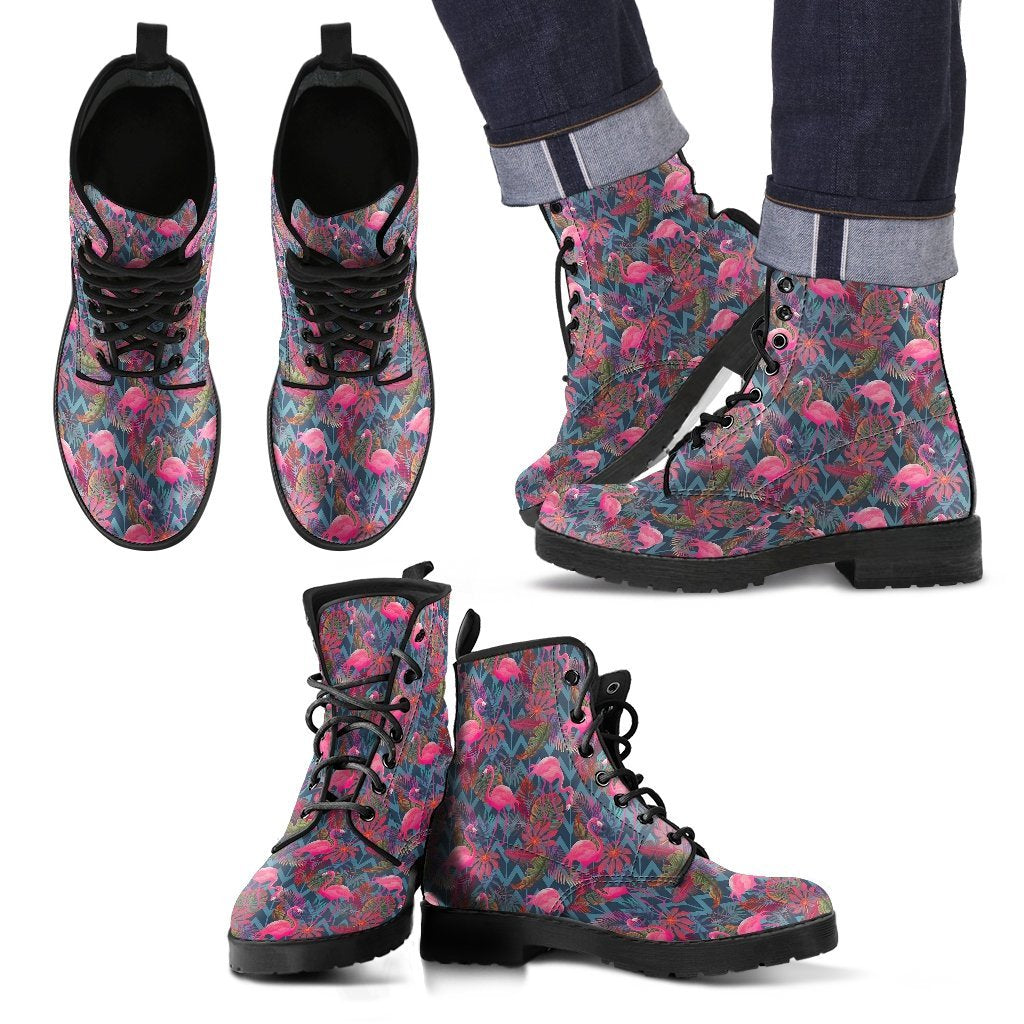 Flamingo Stripe Hawaiian Tropical Pattern Print Men Women Leather Boots-grizzshop