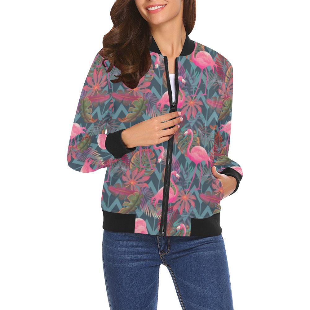 Flamingo Stripe Hawaiian Tropical Pattern Print Women Casual Bomber Jacket-grizzshop