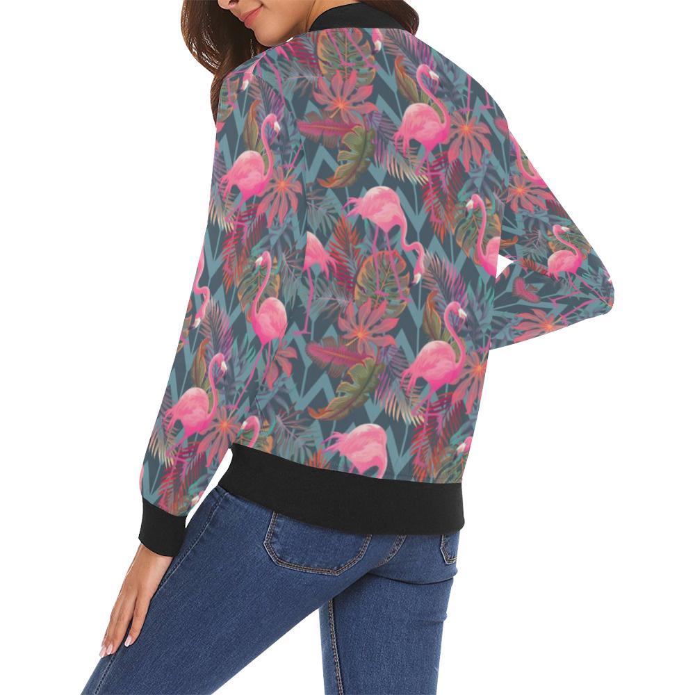 Flamingo Stripe Hawaiian Tropical Pattern Print Women Casual Bomber Jacket-grizzshop