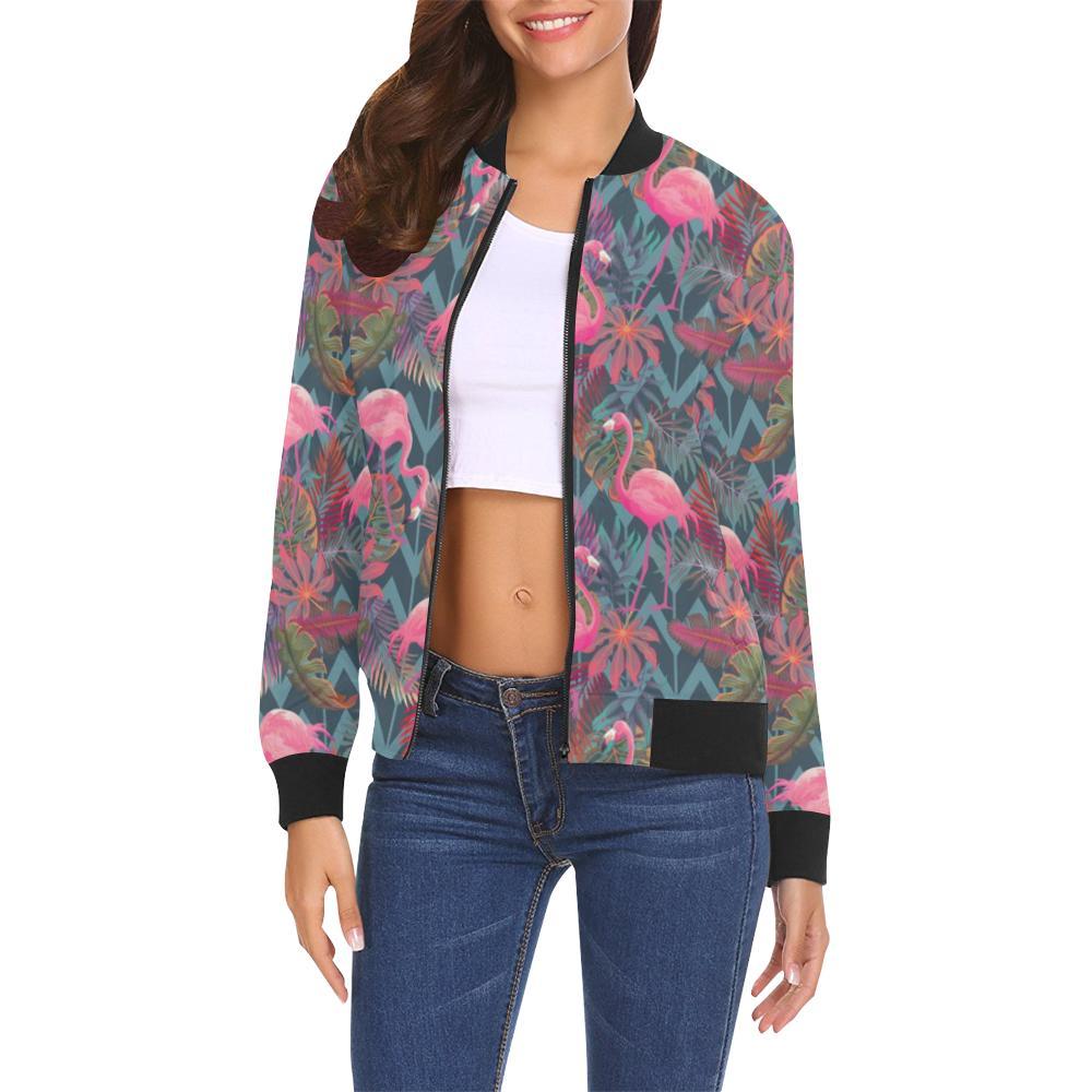 Flamingo Stripe Hawaiian Tropical Pattern Print Women Casual Bomber Jacket-grizzshop