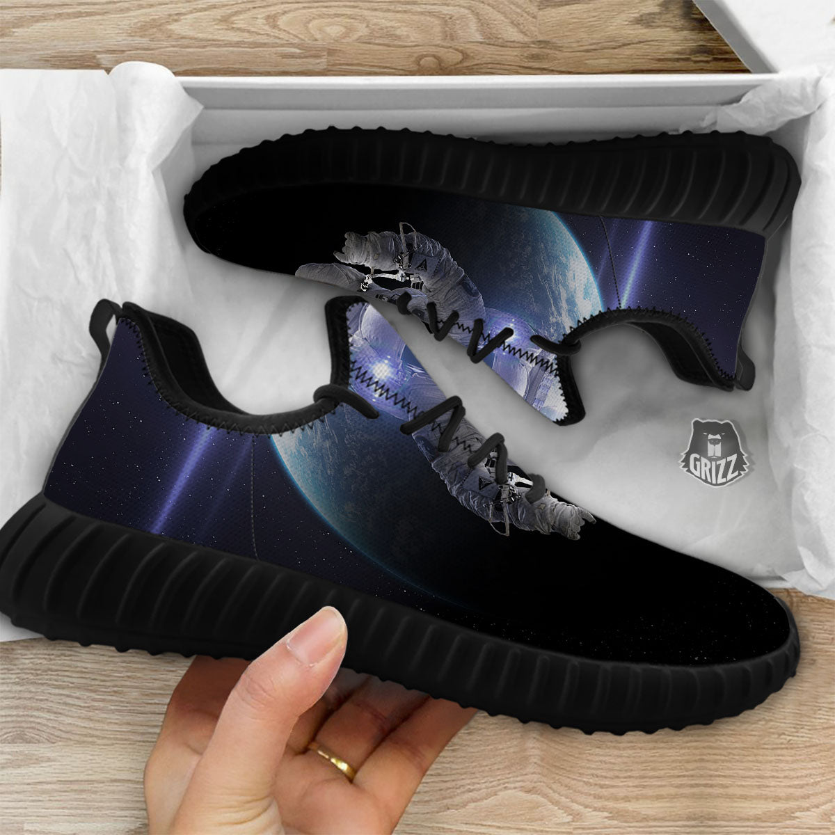 Floating Astronaut In Outer Space Print Black Walking Shoes-grizzshop