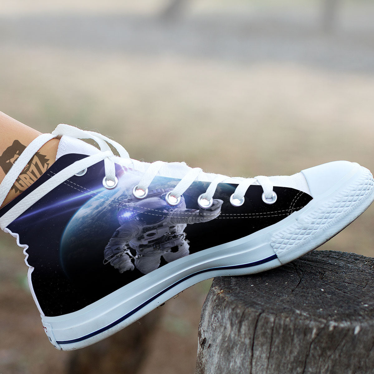 Floating Astronaut In Outer Space Print White High Top Shoes-grizzshop