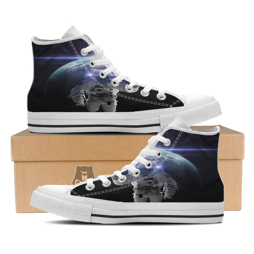 Floating Astronaut In Outer Space Print White High Top Shoes-grizzshop