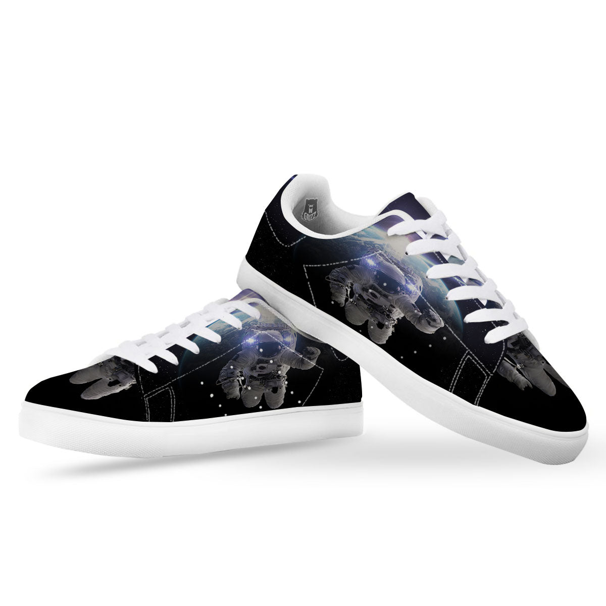 Floating Astronaut In Outer Space Print White Low Top Sneakers-grizzshop
