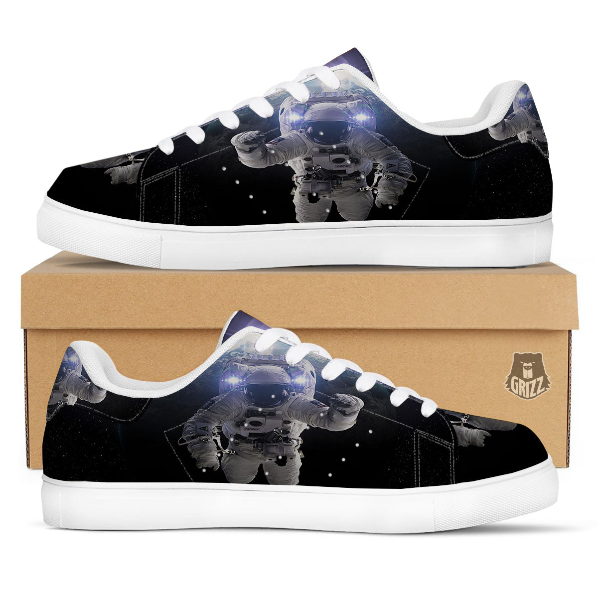 Floating Astronaut In Outer Space Print White Low Top Sneakers-grizzshop