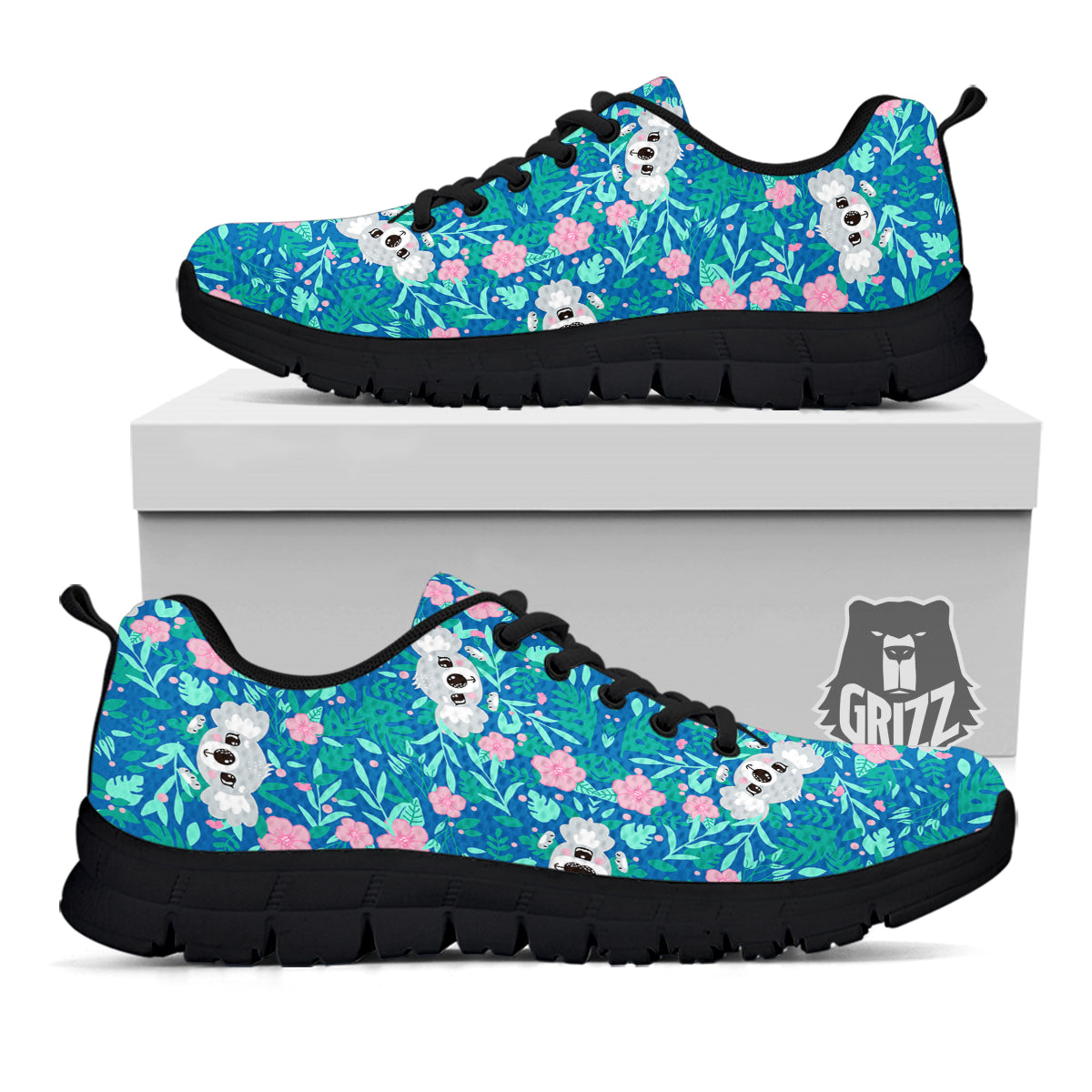 Floral And Baby Koala Print Pattern Black Sneaker-grizzshop