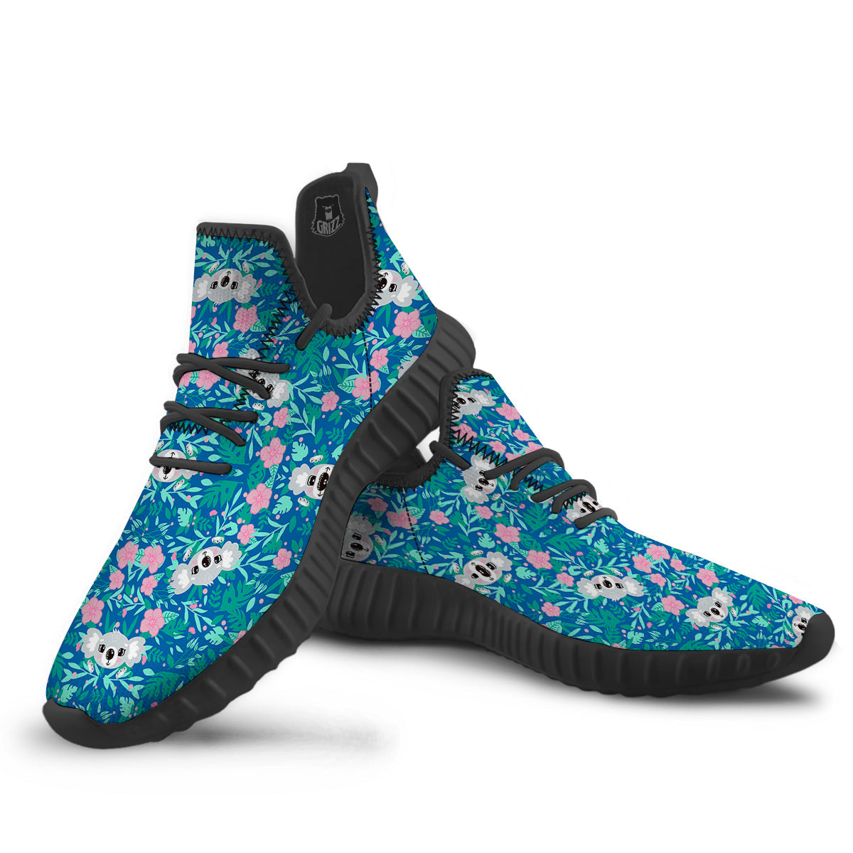 Floral And Baby Koala Print Pattern Black Walking Shoes-grizzshop
