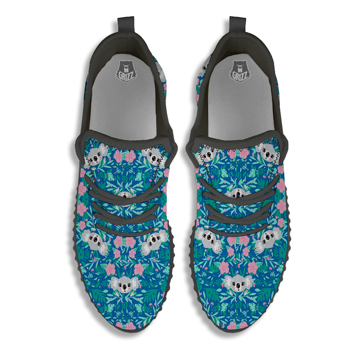 Floral And Baby Koala Print Pattern Black Walking Shoes-grizzshop