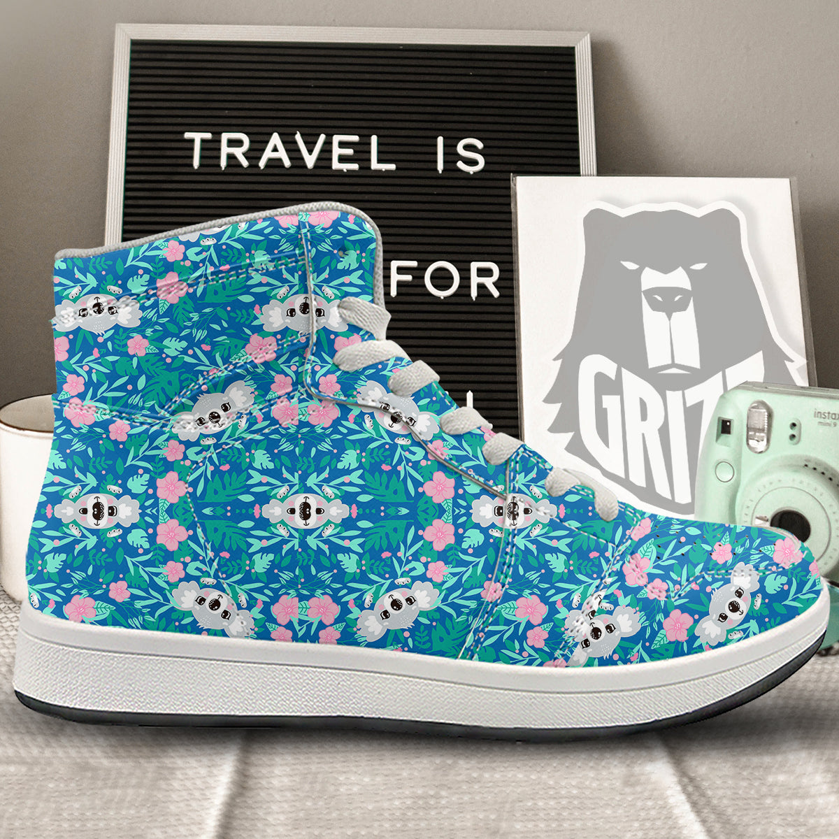 Floral And Baby Koala Print Pattern High Top Sneakers-grizzshop