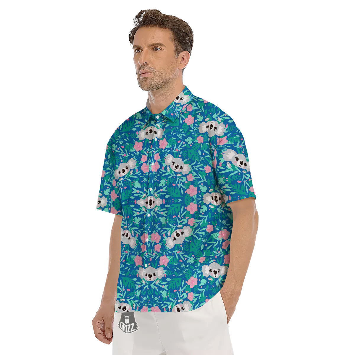 Floral And Baby Koala Print Pattern Men's Short Sleeve Shirts-grizzshop