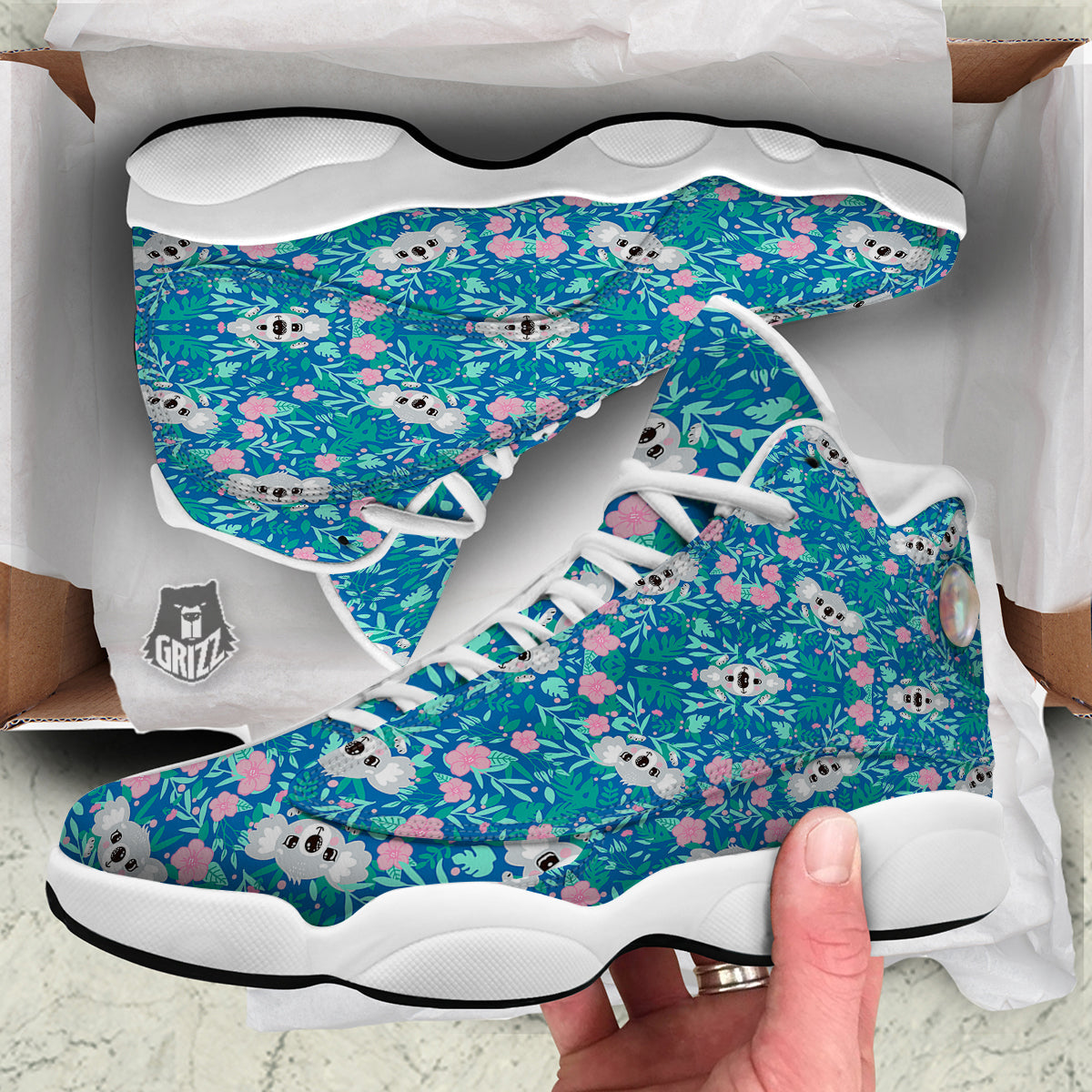 Floral And Baby Koala Print Pattern White Basketball Shoes-grizzshop