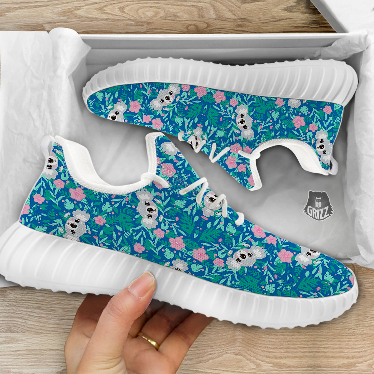 Floral And Baby Koala Print Pattern White Walking Shoes-grizzshop
