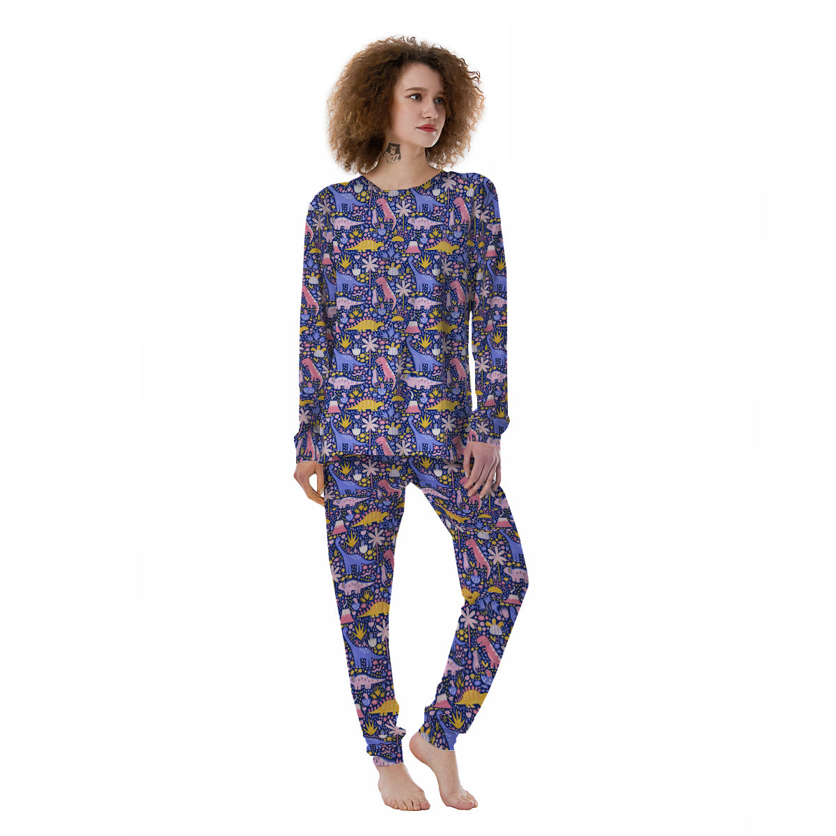 Floral And Cute Dinosaur Print Pattern Women's Pajamas-grizzshop