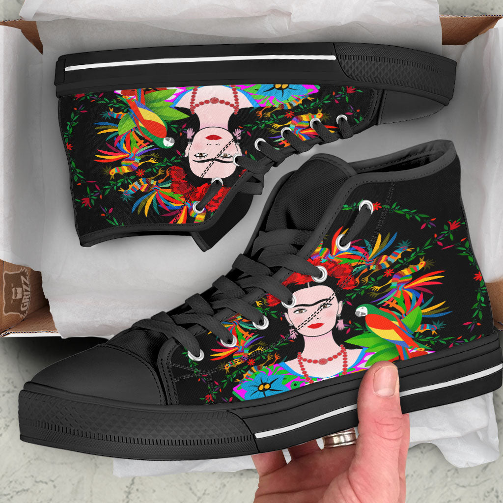 Floral And Frida Kahlo Print Black High Top Shoes-grizzshop