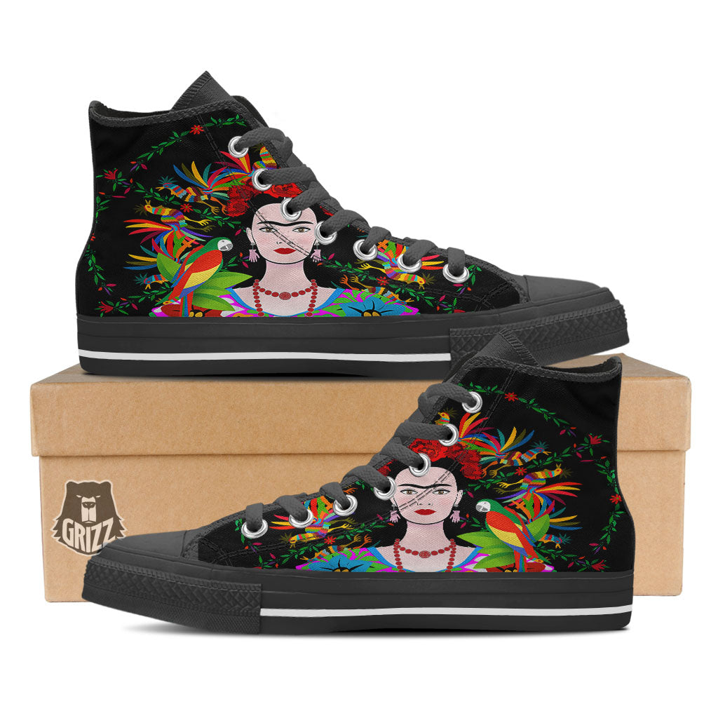 Floral And Frida Kahlo Print Black High Top Shoes-grizzshop