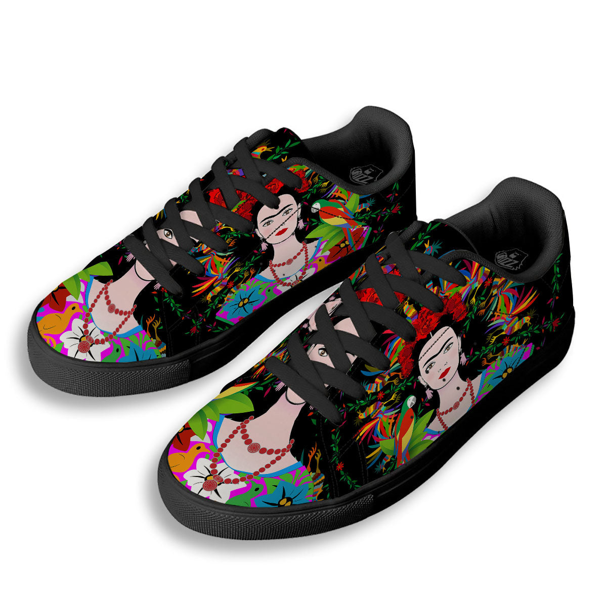 Floral And Frida Kahlo Print Black Low Top Sneakers-grizzshop