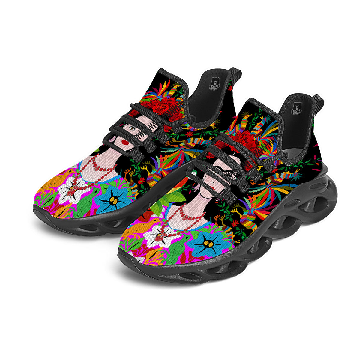 Floral And Frida Kahlo Print Black Running Shoes-grizzshop