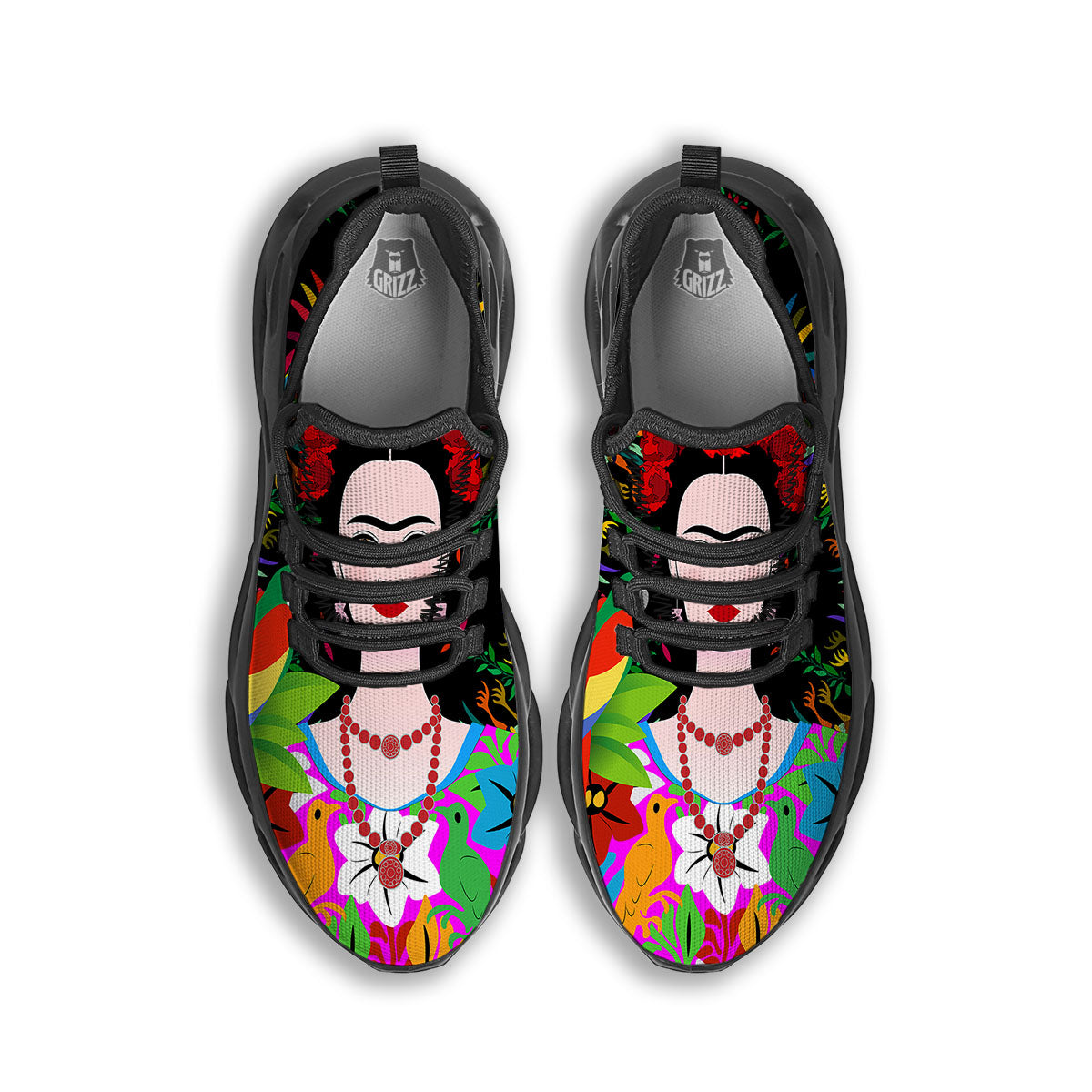 Floral And Frida Kahlo Print Black Running Shoes-grizzshop