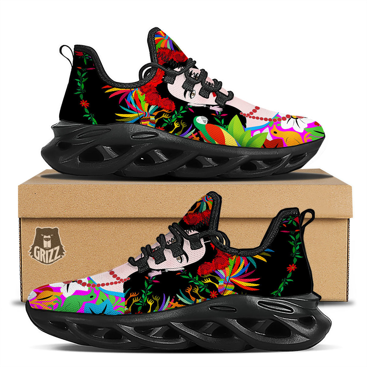 Floral And Frida Kahlo Print Black Running Shoes-grizzshop